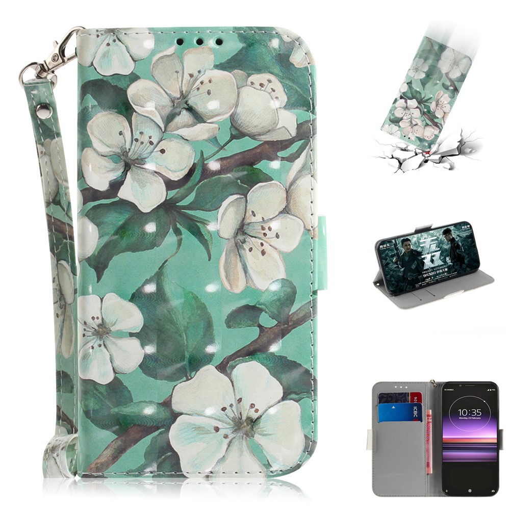 Light Spot Decor Pattern Printing PU Leather Stand Wallet Cover for Sony Xperia 1 - Pretty Flowers-1