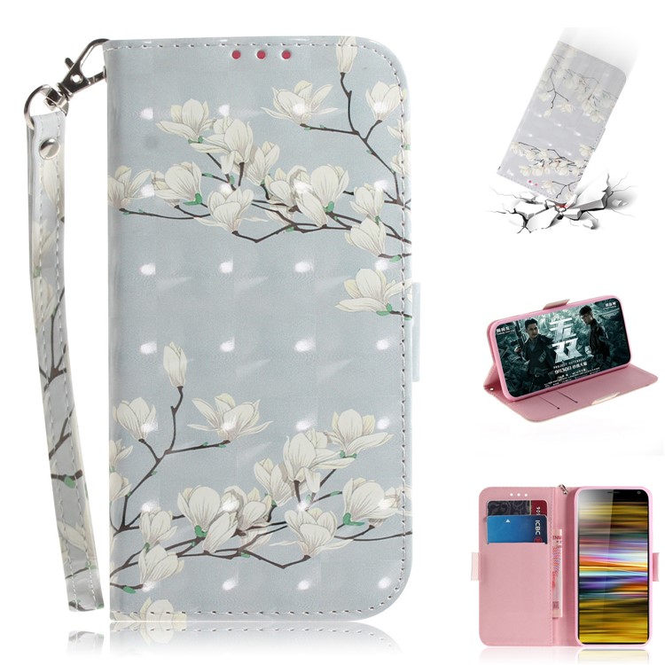 Light Spot Decor Pattern Printing PU Leather Stand Flip Cover for Sony Xperia 10 Plus - White Flower-1