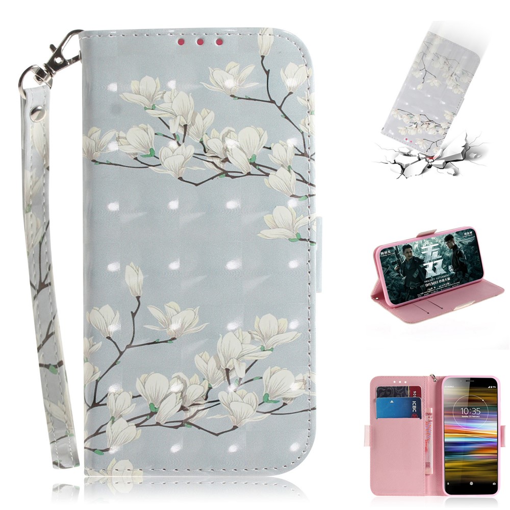 Pattern Printing / Light Spot Decor / Leather Wallet Case for Sony Xperia L3 - White Flower-1