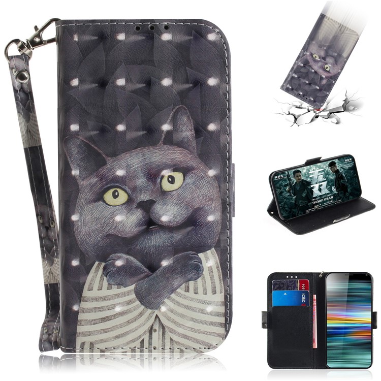 Pattern Printing PU Leather Wallet Cover with Stand for Sony Xperia 10 - Grey Cat-1