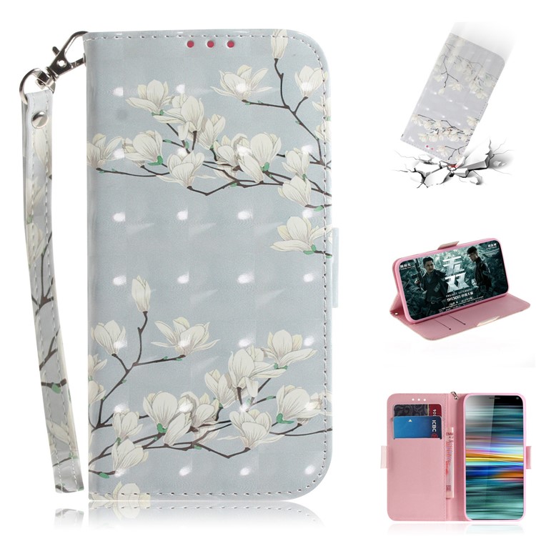 Pattern Printing PU Leather Wallet Cover with Stand for Sony Xperia 10 - White Flower-1