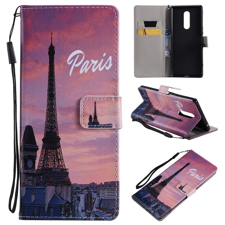 Pattern Printing Leather Wallet Case for Sony Xperia 1 - Eiffel Tower-1