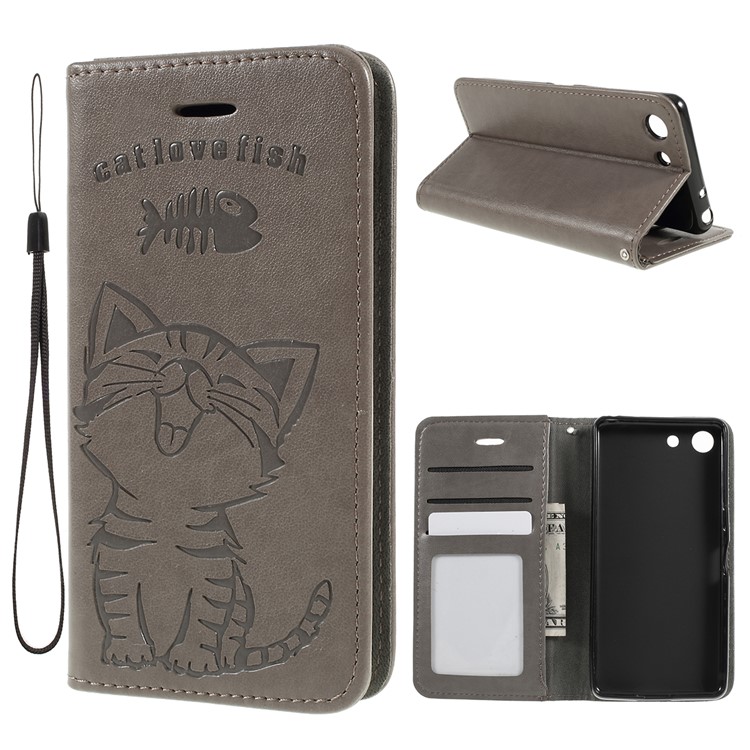 Imprint Cat and Fishbone Pattern Leather Wallet Case for Sony Xperia 1 Compact - Grey-1