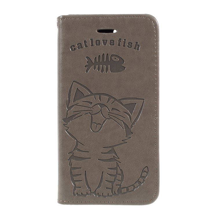 Imprint Cat and Fishbone Pattern Leather Wallet Case for Sony Xperia 1 Compact - Grey-3