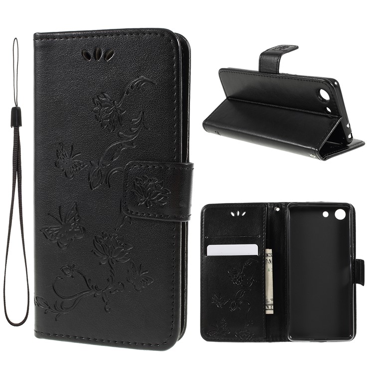 Imprint Butterfly Flower Leather Wallet Case for Sony Xperia 1 Compact - Black-1