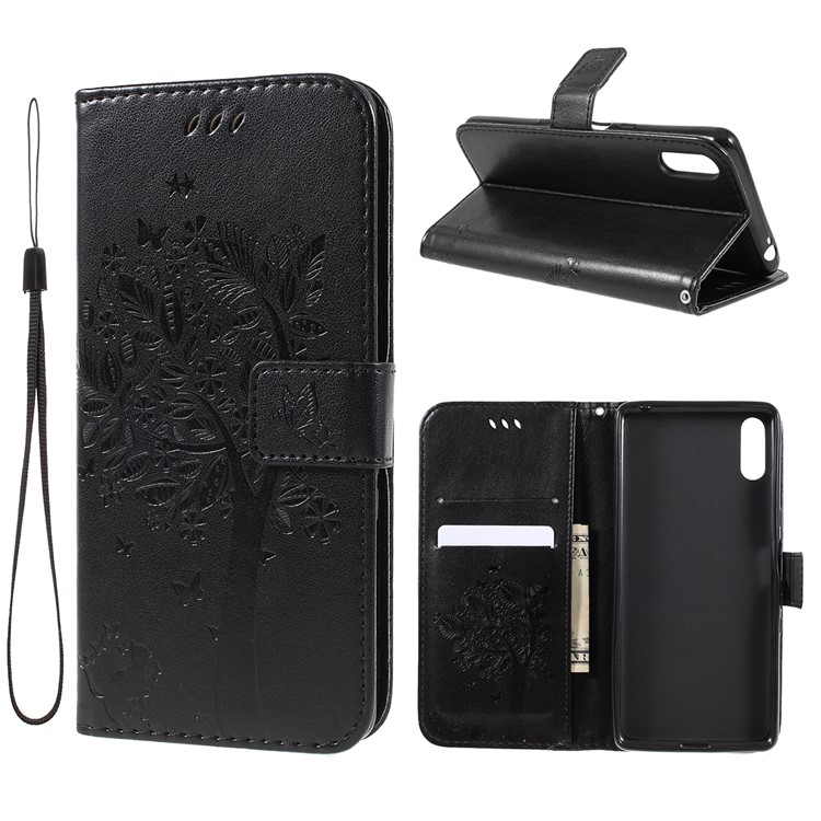 Imprint Cat and Tree Pattern Leather Wallet Case for Sony Xperia L3 - Black-1