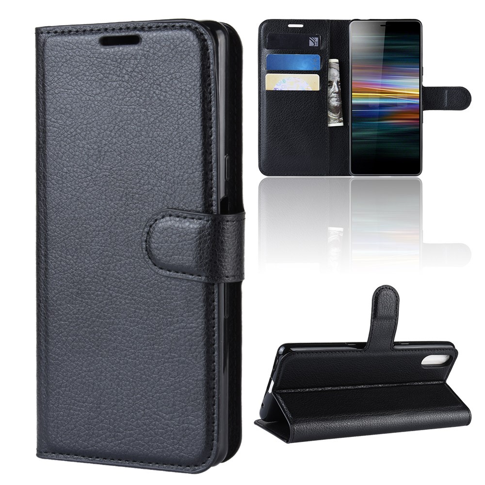 Pour Sony Xperia L3 Étui De Protection Portefeuille En Cuir PU Peau De Litchi - Noir-2