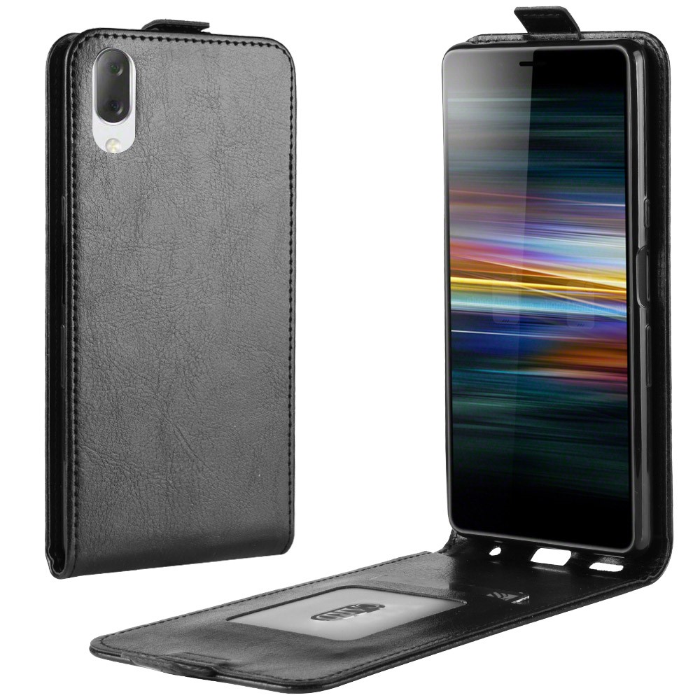 Caso De Suporte De Cartão De Couro Vertical De Cavalo Louco Para Sony Xperia L3 - Preto-1