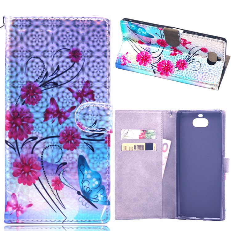 Laser Carving Pattern Printing Wallet Leather Case with Strap for Sony Xperia 10 - Flower and Butterfly-1