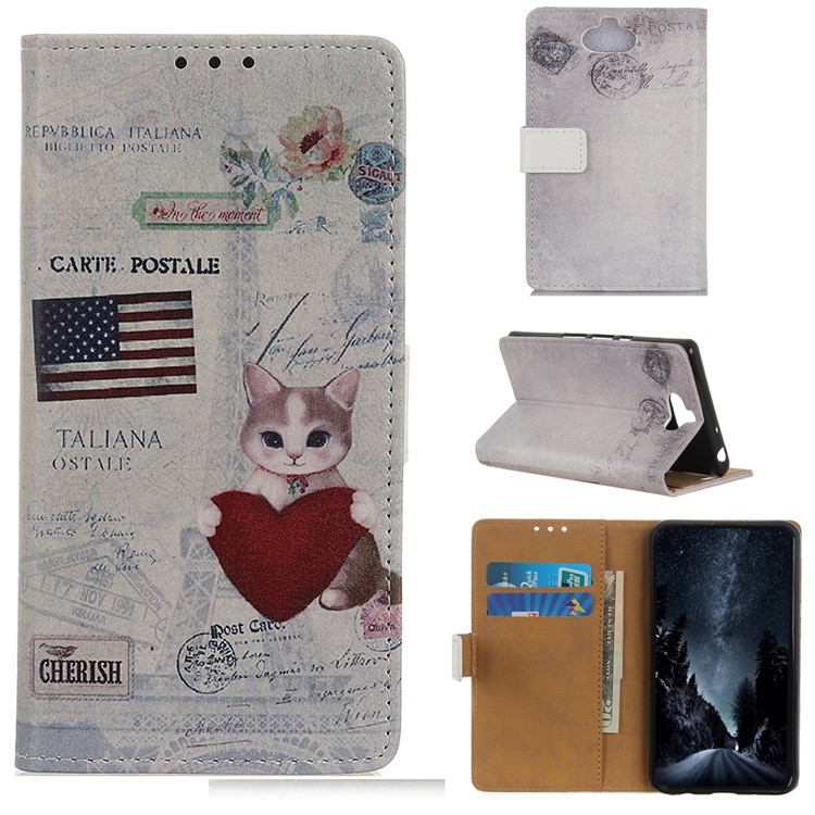 Pattern Printing Leather Wallet Case for Sony Xperia 20 - Cat Holding Heart and American Flag-1