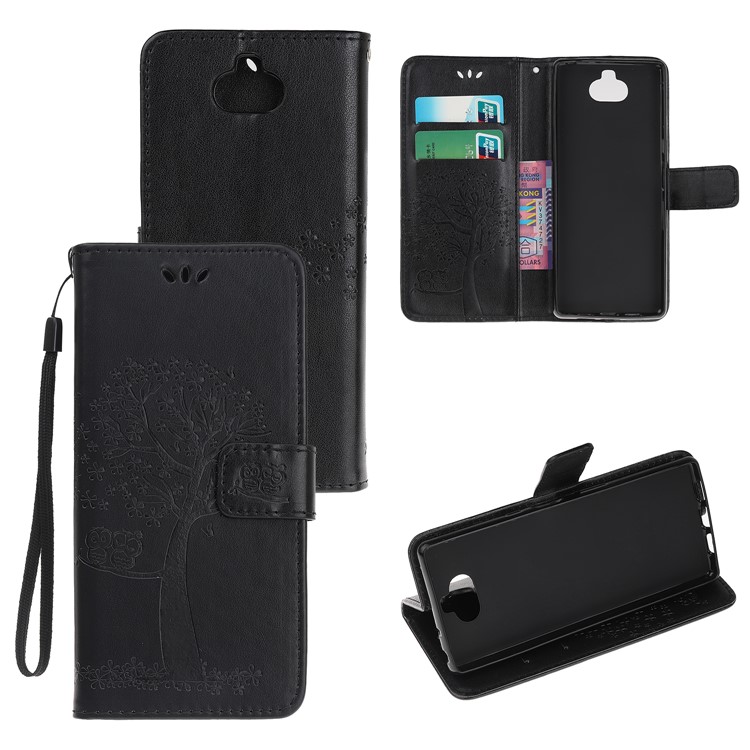 Imprint Tree Owl Leather Wallet Case for Sony Xperia 8 - Black-1