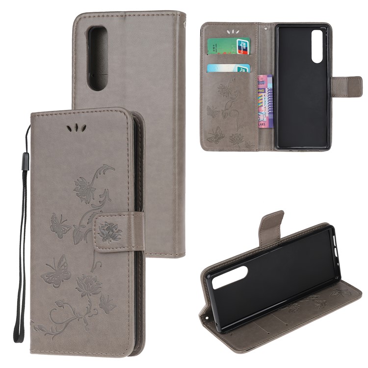 Imprint Butterfly Flower Leather Wallet Stand Case for Sony Xperia 5 - Grey-1