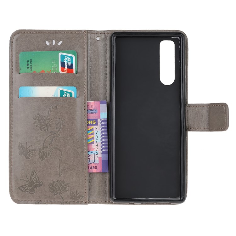 Imprint Butterfly Flower Leather Wallet Stand Case for Sony Xperia 5 - Grey-5