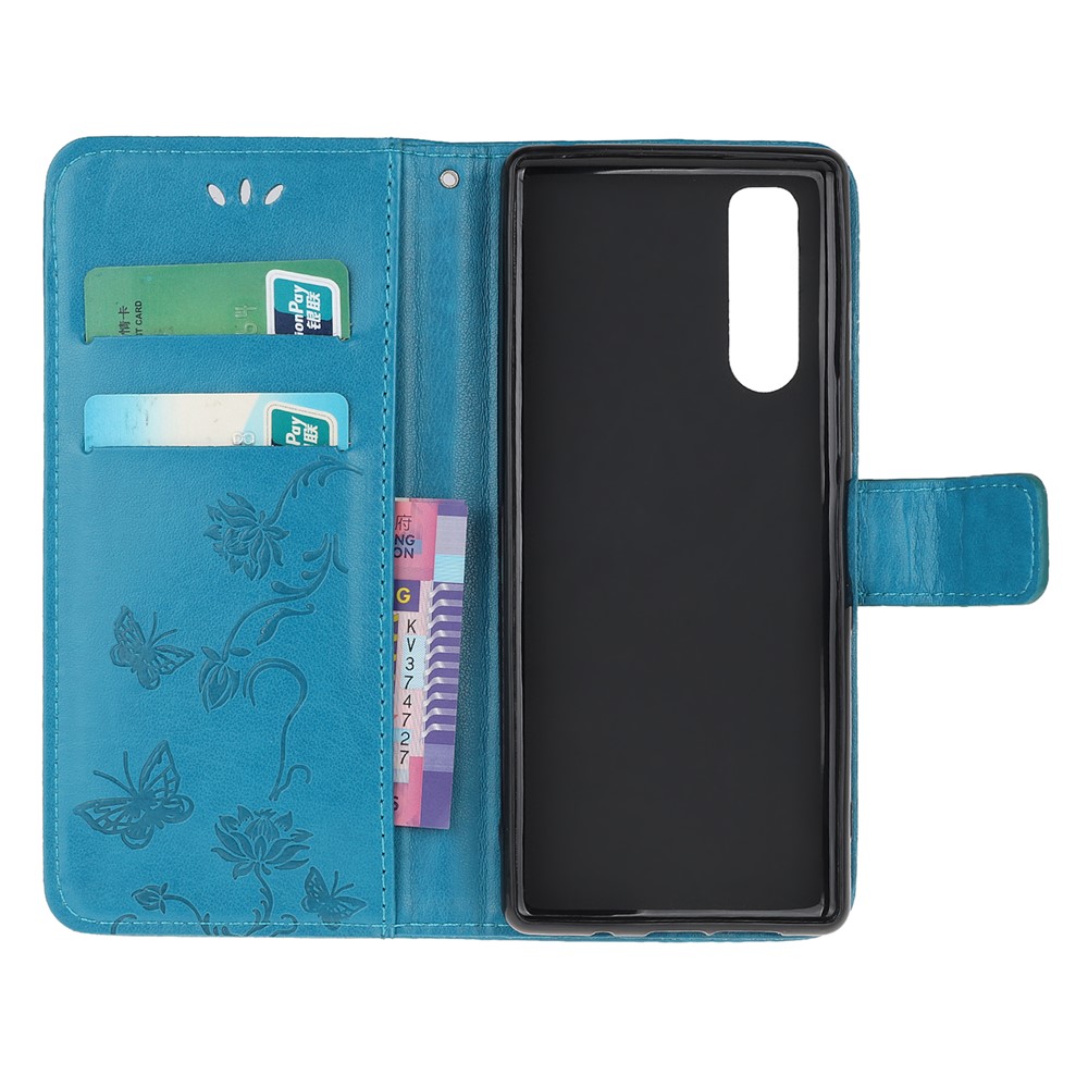 Imprint Butterfly Flower Leather Wallet Stand Case for Sony Xperia 5 - Blue-5