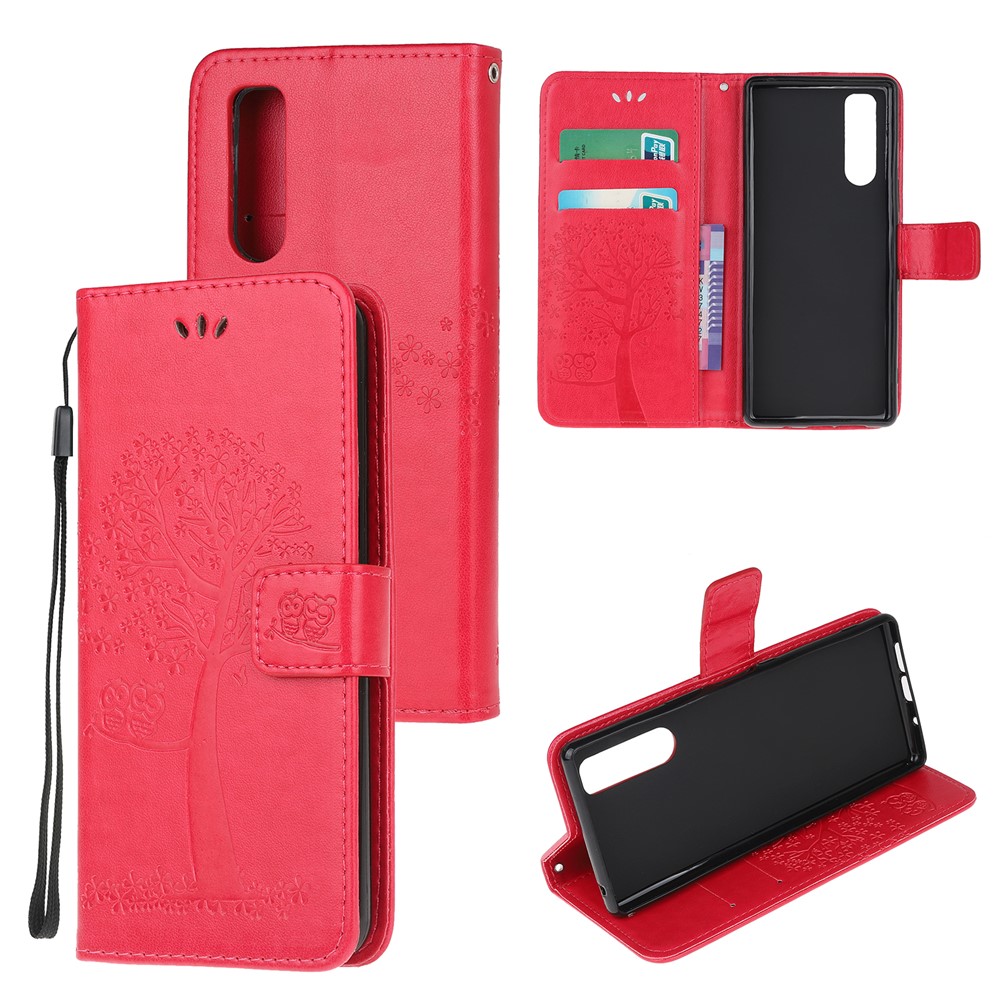 Imprint Tree Owl Leather Wallet Case for Sony Xperia 5 - Red-1