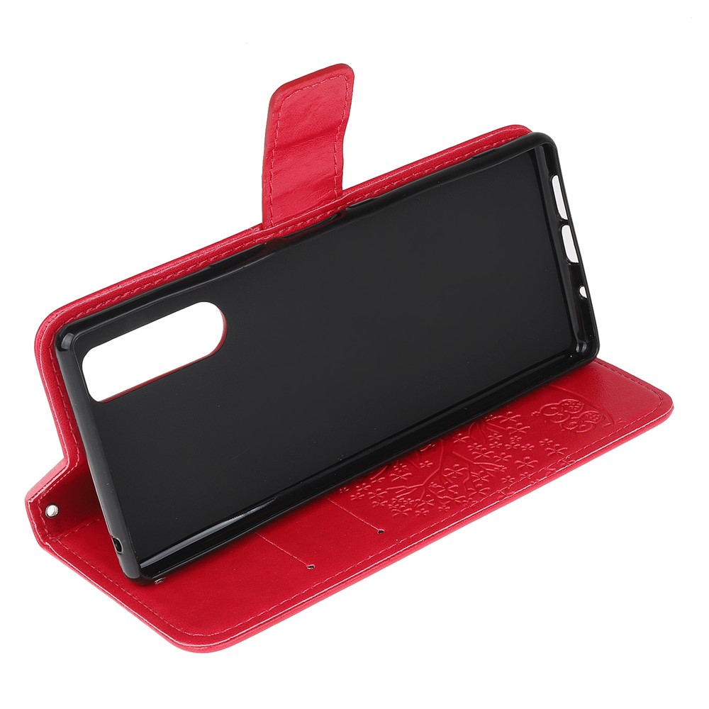Imprint Tree Owl Leather Wallet Case for Sony Xperia 5 - Red-4