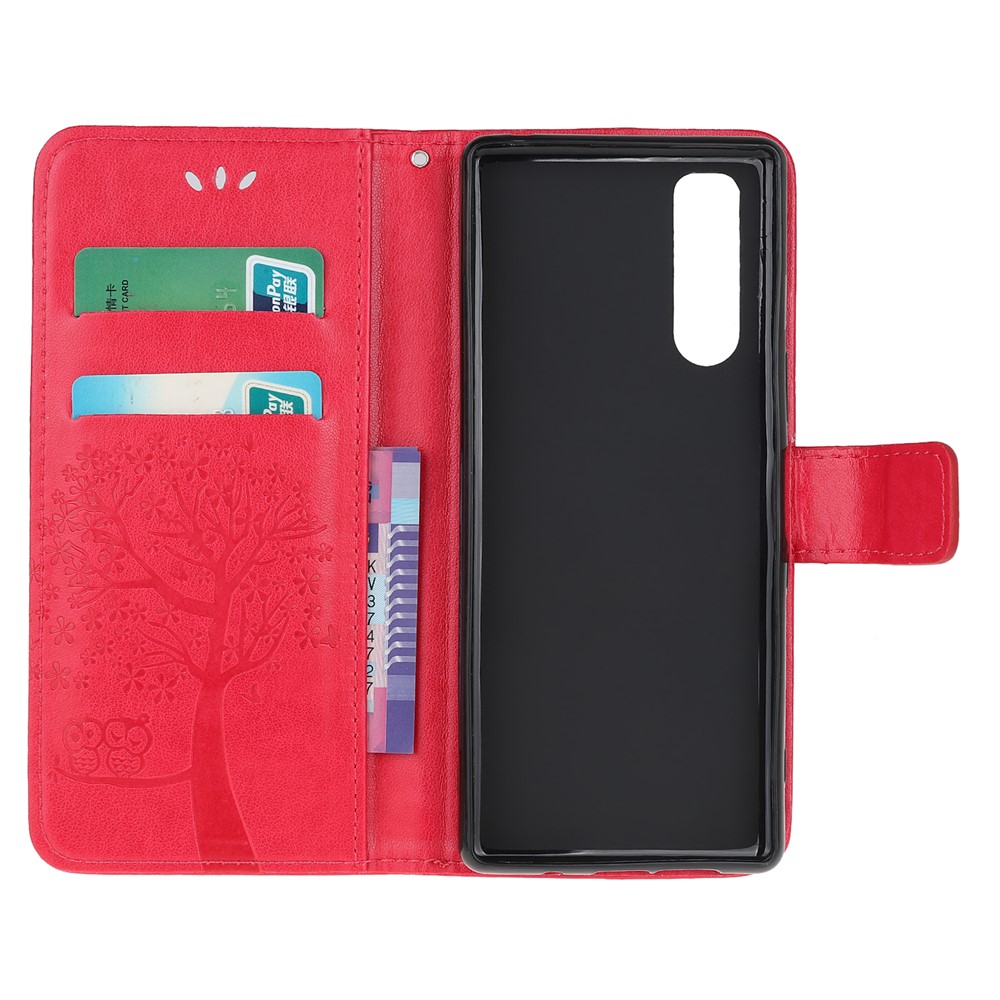 Imprint Tree Owl Leather Wallet Case for Sony Xperia 5 - Red-5
