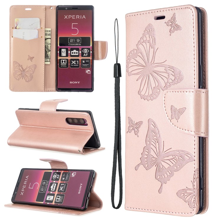 Imprint Butterfly Wallet Leather Stand Case for Sony Xperia 5/XZ5 - Rose Gold-1
