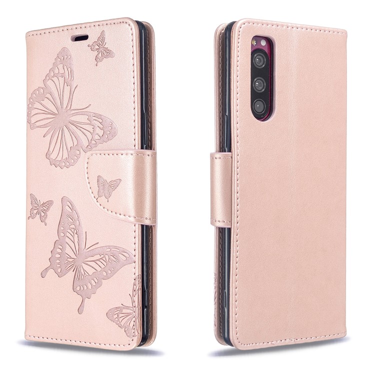 Imprint Butterfly Wallet Leather Stand Case for Sony Xperia 5/XZ5 - Rose Gold-4