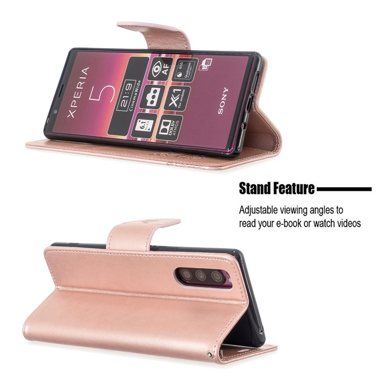 Imprint Butterfly Wallet Leather Stand Case for Sony Xperia 5/XZ5 - Rose Gold-5