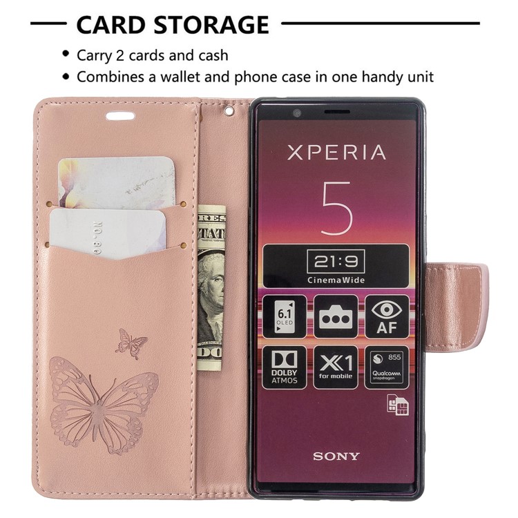 Imprint Butterfly Wallet Leather Stand Case for Sony Xperia 5/XZ5 - Rose Gold-6