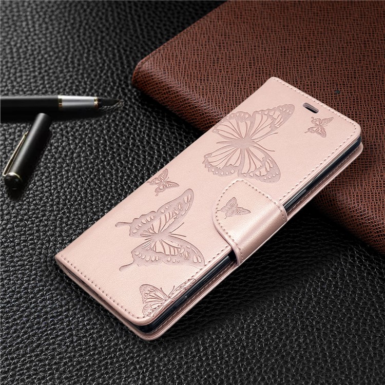Imprint Butterfly Wallet Leather Stand Case for Sony Xperia 5/XZ5 - Rose Gold-7