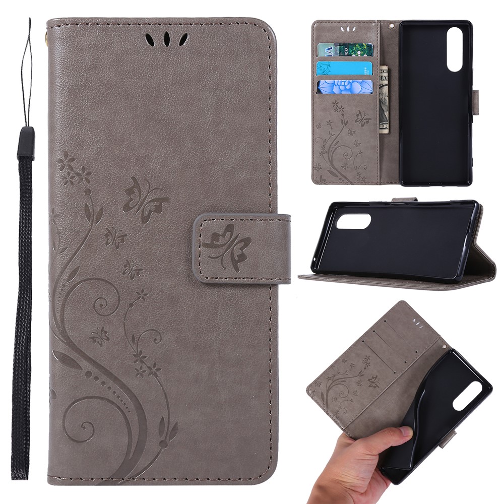 Imprint Butterflies Wallet Stand Flip Leather Case for Sony Xperia 5 - Grey-1