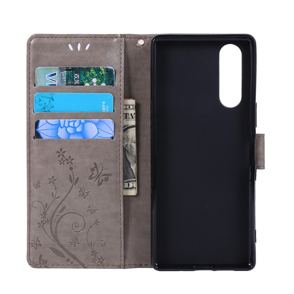 Imprint Butterflies Wallet Stand Flip Leather Case for Sony Xperia 5 - Grey-5
