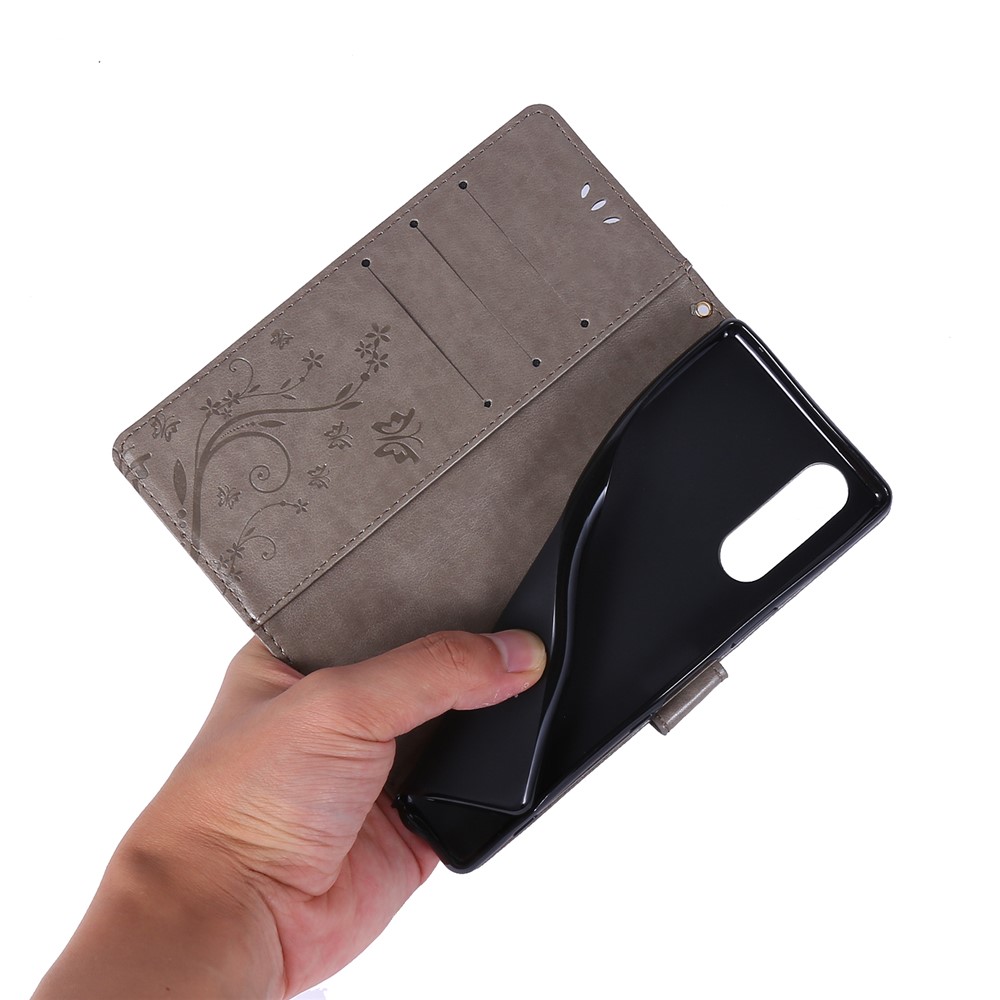 Imprint Butterflies Wallet Stand Flip Leather Case for Sony Xperia 5 - Grey-6