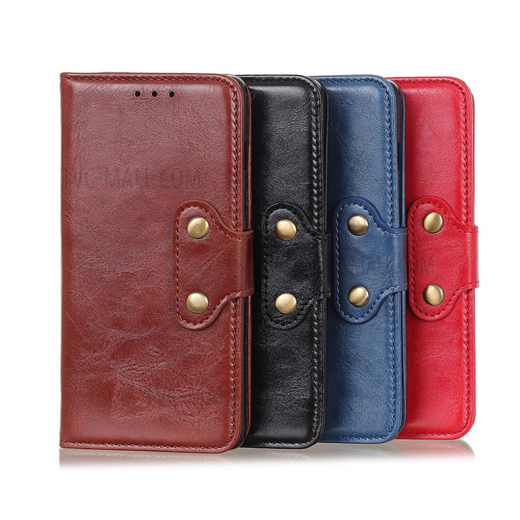 Double Brass Buttons Crazy Horse Skin Wallet Leather Phone Casing for Sony Xperia 1 II - Black-10