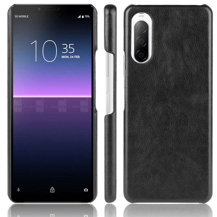 Litchi Skin Leather Coated Hard PC Case Protective Cover for Sony Xperia 10 II - Black-1