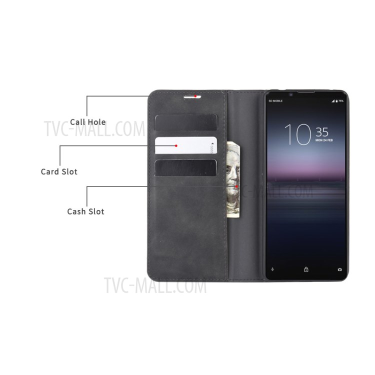 Silky Touch Auto-absorbed Flip Leather Wallet Stand Phone Case for Sony Xperia 1 II - Black-3