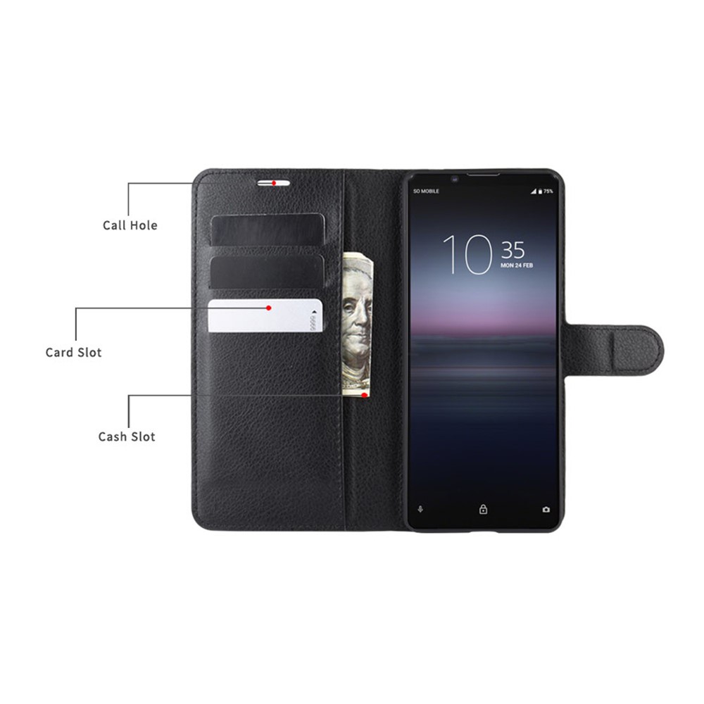 Litchi Skin Wallet Leather Stand Case for Sony Xperia 1 II - Black-4