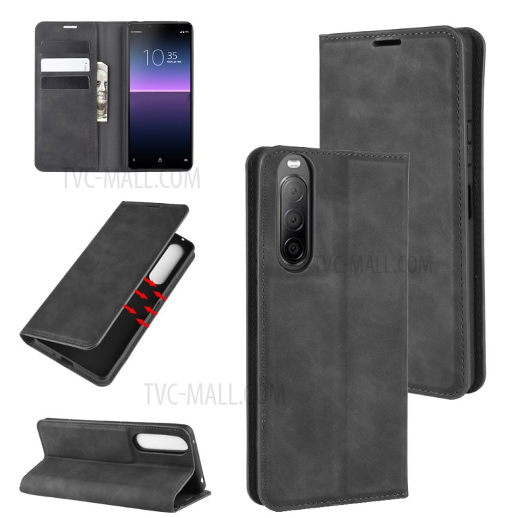 Silky Touch Auto-absorbed Flip Leather Wallet Stand Case for Sony Xperia 10 II - Black-1