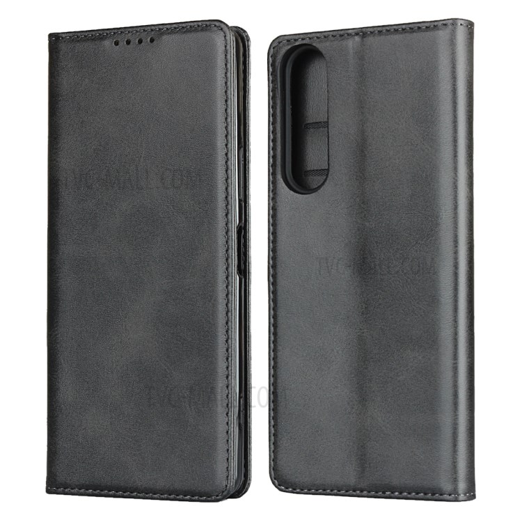 Auto-absorbed Leather Shell Wallet Stand Protective Case for Sony Xperia 1 II - Black-1