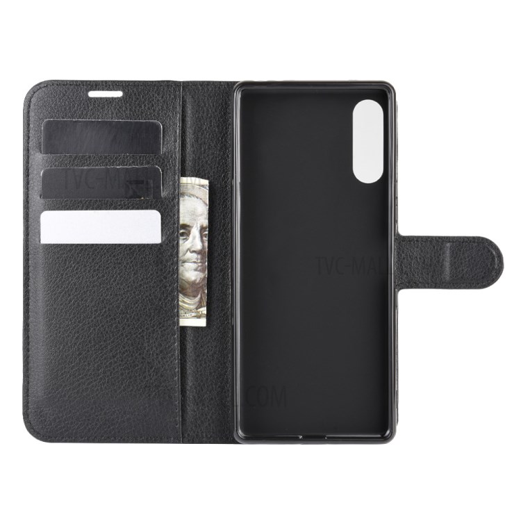 Litchi Skin Wallet Leather Stand Caso Para Sony Xperia L4 - Preto