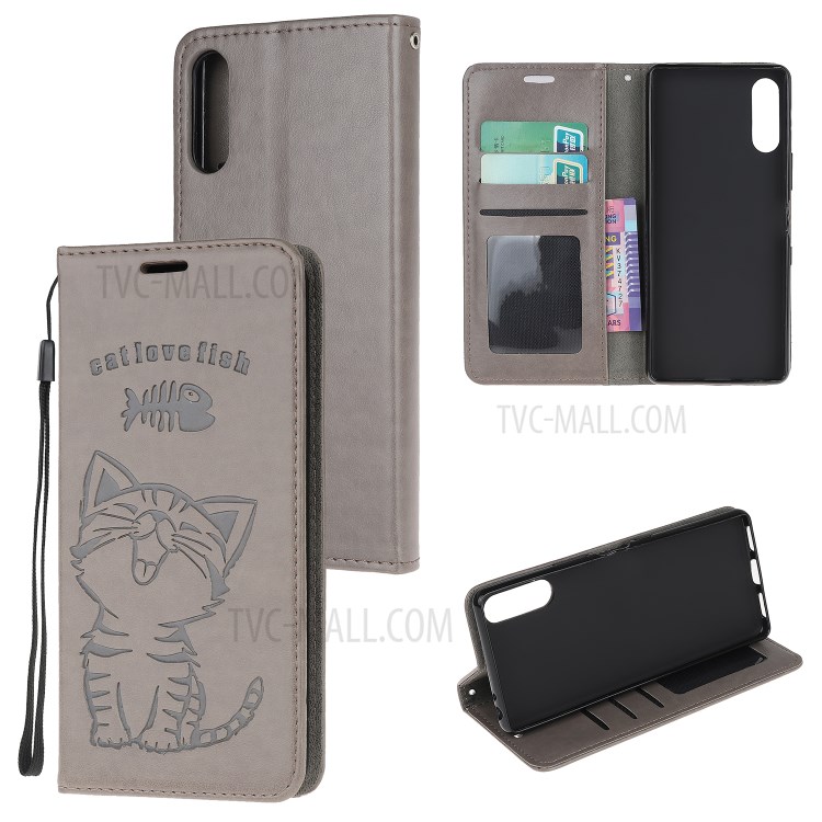 Imprinted Cat Fish Pattern Leather Case with Card Slots for Sony Xperia 10 II - Grey-1