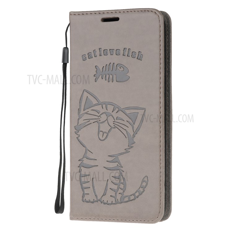Imprinted Cat Fish Pattern Leather Case with Card Slots for Sony Xperia 10 II - Grey-2