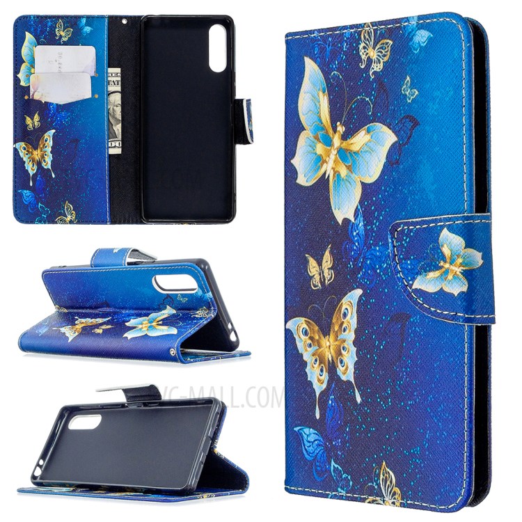 Impressão Padrão Caso Capa De Couro Carteira Estande Para Sony Xperia L4 - Borboleta Azul E Ouro-1