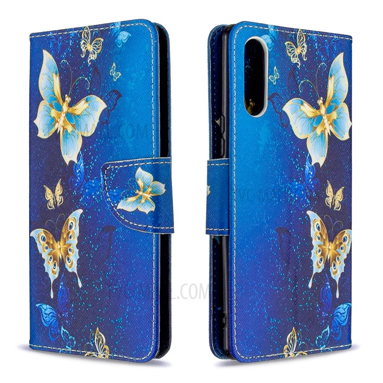 Impressão Padrão Caso Capa De Couro Carteira Estande Para Sony Xperia L4 - Borboleta Azul E Ouro-4