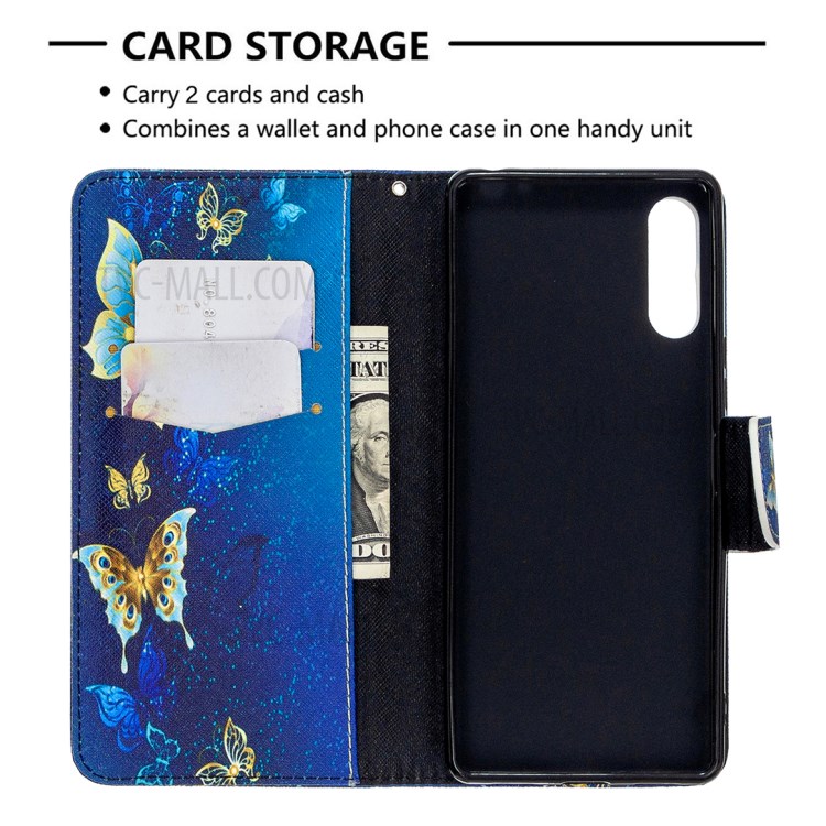 Impressão Padrão Caso Capa De Couro Carteira Estande Para Sony Xperia L4 - Borboleta Azul E Ouro-6