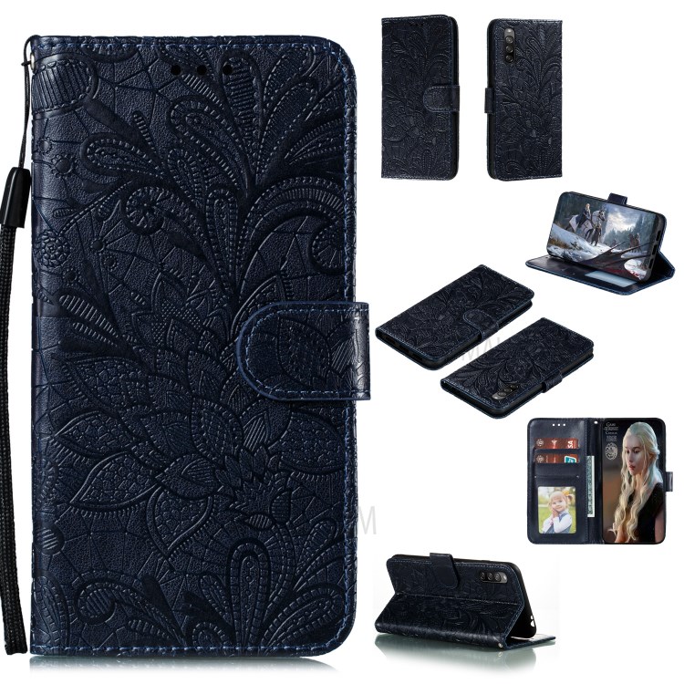 Étui En Cuir De Peau De Fleur ImpressionStylos Dentelle Pour Sony Xperia L4 - Bleu Foncé-1