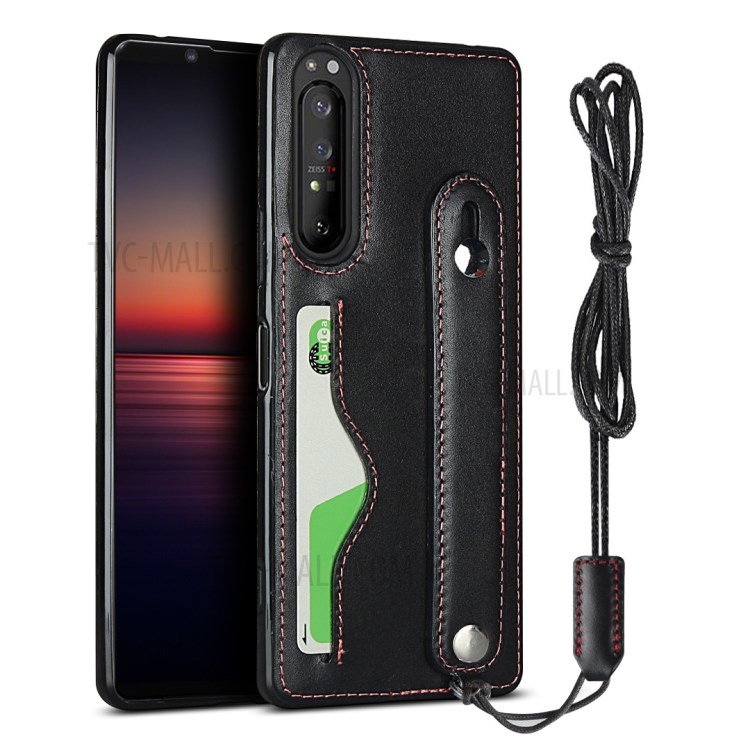 Genuine Leather Coated TPU Shell with Handy Strap Card Holder Lanyard for Sony Xperia 1 II - Black-1