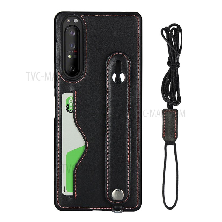 Genuine Leather Coated TPU Shell with Handy Strap Card Holder Lanyard for Sony Xperia 1 II - Black-2