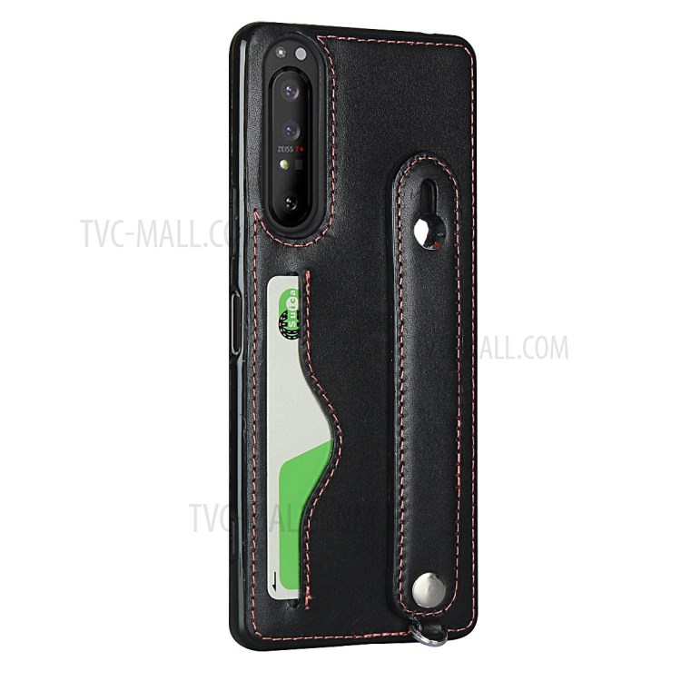 Genuine Leather Coated TPU Shell with Handy Strap Card Holder Lanyard for Sony Xperia 1 II - Black-3