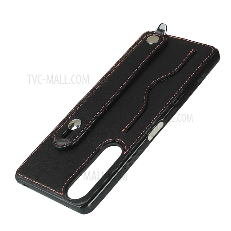 Genuine Leather Coated TPU Shell with Handy Strap Card Holder Lanyard for Sony Xperia 1 II - Black-6