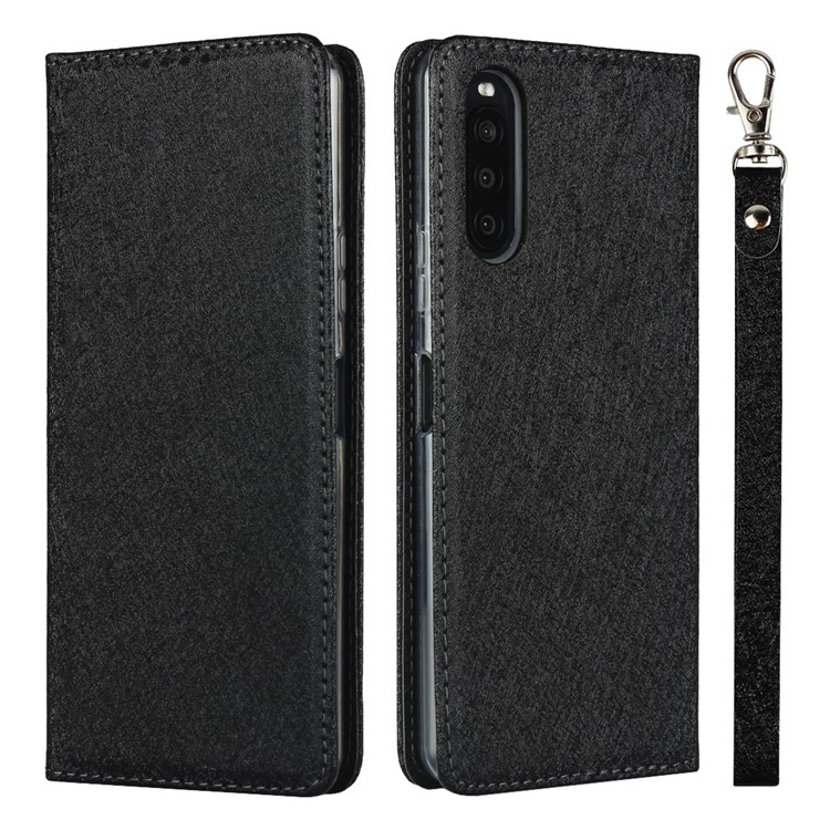 Silk Surface Leather with Strap Cover for Sony Xperia 10 II - Black-1