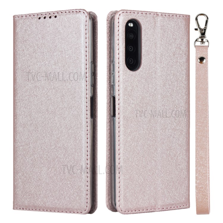Silk Surface Leather with Strap Cover for Sony Xperia 10 II - Rose Gold-1