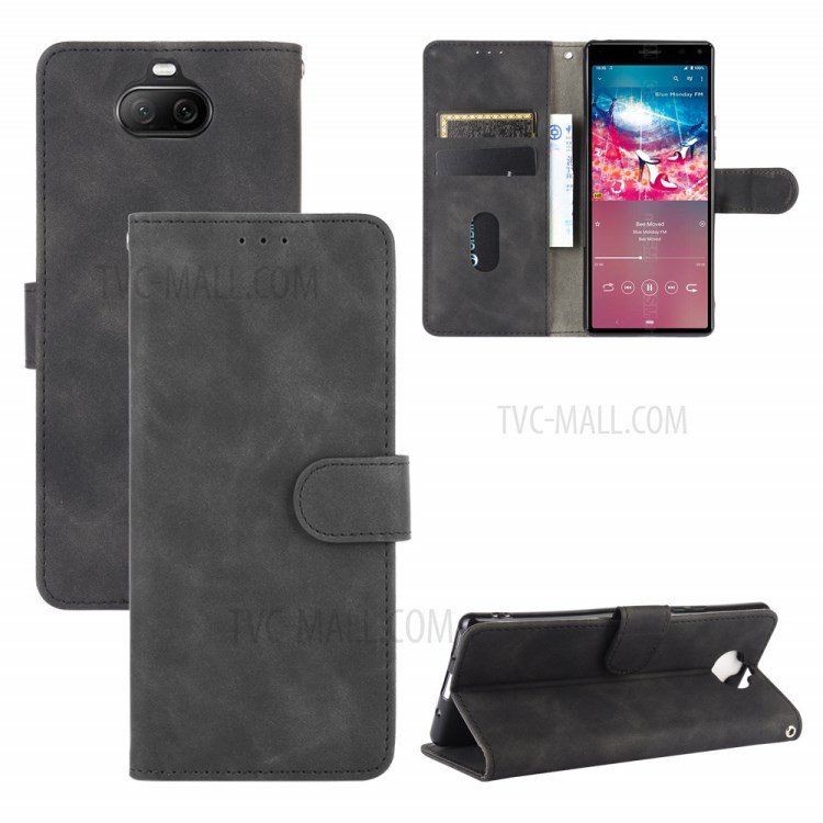 Skin-touch PU Leather Wallet Stand Phone Case for Sony Xperia 8 Lite - Black-1