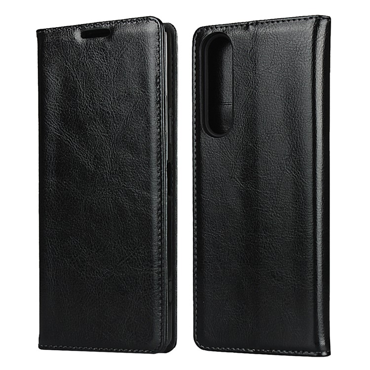 Crazy Horse Genuine Leather Stand Case with Card Slots for Sony Xperia 1 II - Black-1